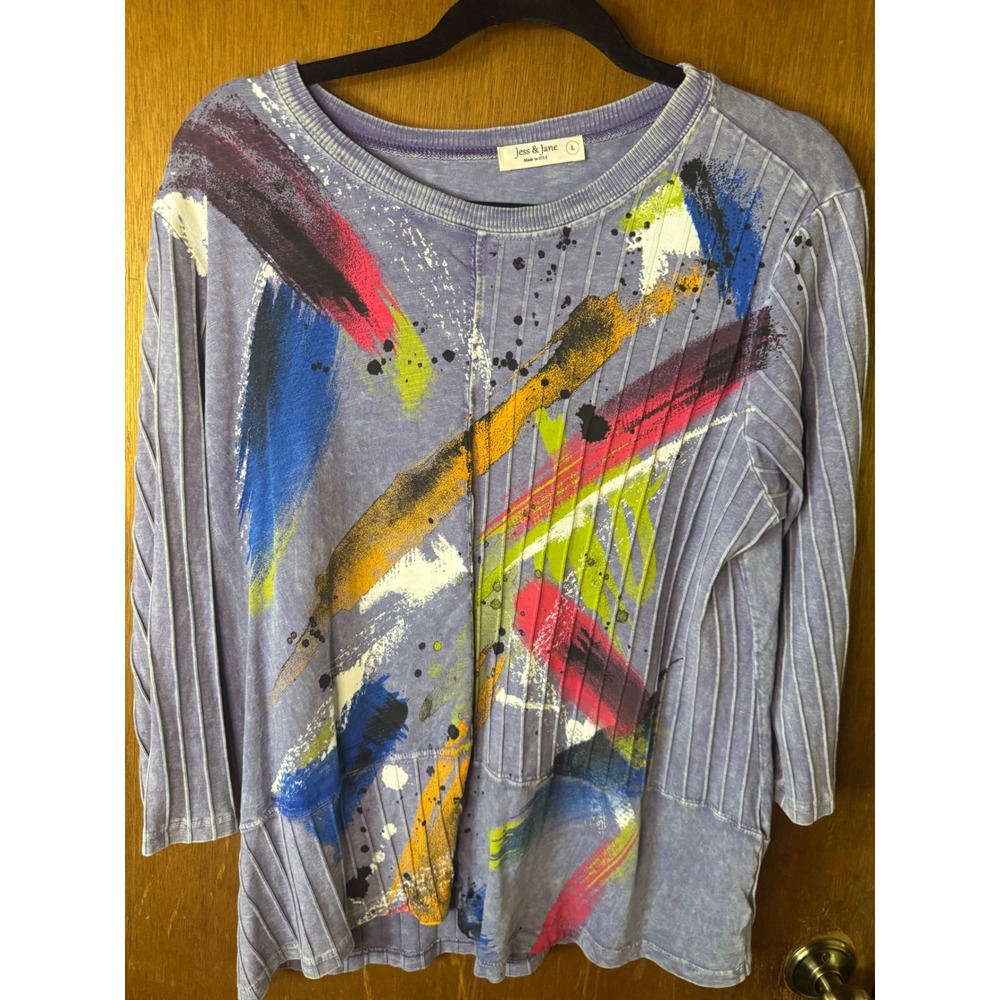 Jess & Jane Purple Abstract Paint Graphic Ribbed Top M67-000 Large Made in USA